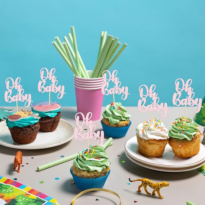 Gyufise 36Pcs Oh Baby Cupcake Toppers Glitter Baby Shower Cupcake Picks for Gender Reveal Baby Shower Kids Boys Girls Birthday Party Cake Decorations Supplies Light Pink