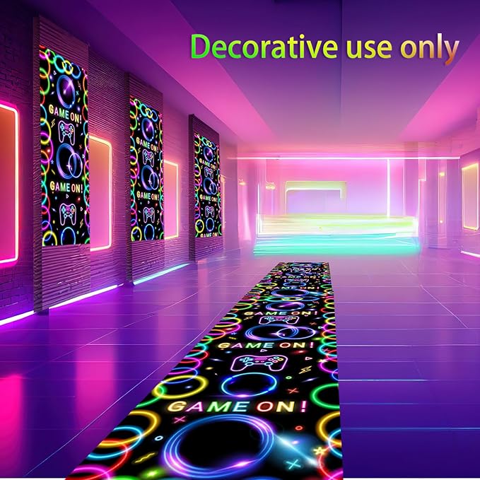 Haull 118 x 39 Inch Neon Light up Dance Floor Glow in The Dark Runner UV Reactive Blacklight Floor Aisle Runner Decor Wall Props for 80s 90s Neon Birthday Party Decorations(Game on)