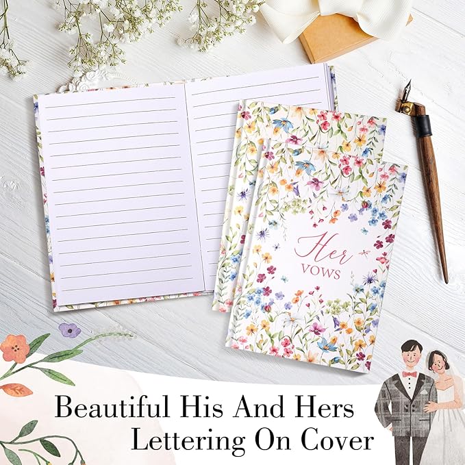 Set of 2 Vow Books His and Hers, Wedding Vow Books (6.06x4.17) Wedding Keepsake Essentials Elegant Bridal Shower Ceremony Gift Elopement Essentials (Colorful,Wildflowers)