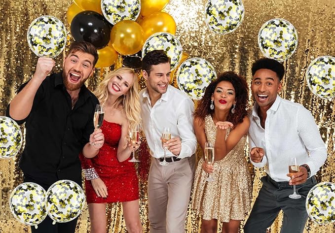 50pcs Gold Black Foil Confetti Balloons,12 inch Latex Balloon with Gold Black Confetti Inside for Birthday Family Party Graduation Decorations