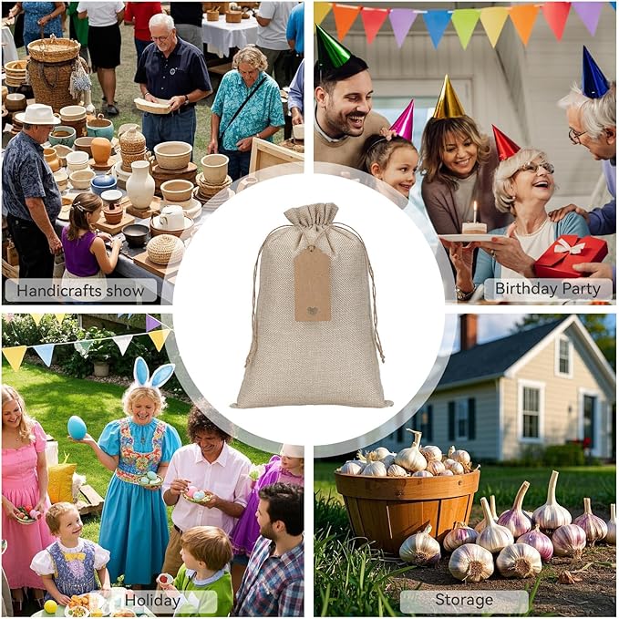 Tapleap Burlap Gift Bags with Drawstring - 10Pcs 8x12 Original Sacks with String and Tags for Wrapping Halloween Favors, Clothes, Toiletries, Breads, Mason Jars, For Birthday, Wedding
