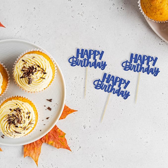 Gyufise 24 Pcs Happy Birthday Cupcake Toppers Glitter Cupcake Food Picks for Celebrating Theme Party Cake Decorations Supplies Deep Blue