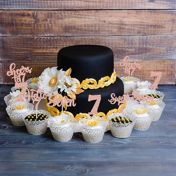 30Pcs 7th Birthday Cupcake Toppers Glitter Seven Happy 7 Cupcake Picks Cheers to 7 Years Old Cake Decorations for 7th Birthday Party Supplies Rose Gold