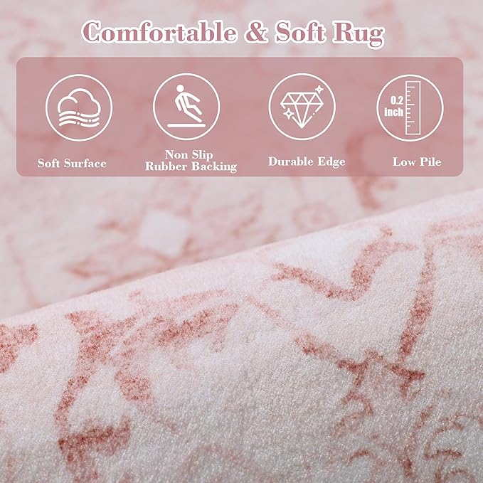 Pink Area Rugs 6x9 for Living Room, Washable Vintage Rugs for Bedroom, Distressed Throw Rug, Non Slip Rug Carpet for Bedroom Dining