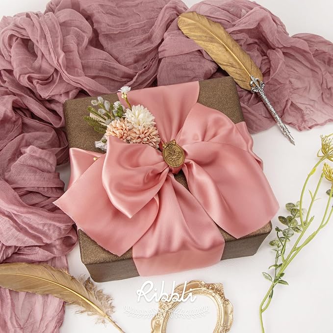 Ribbli Rose Gold Satin Ribbon 4 Inch Wide Rose Gold Ribbon for Wedding Chair Sash Grand Opening Ceremony Big Bows Gift Wrapping Floral Crafts Cake Decor-Double Faced Satin Continuous 10 Yards