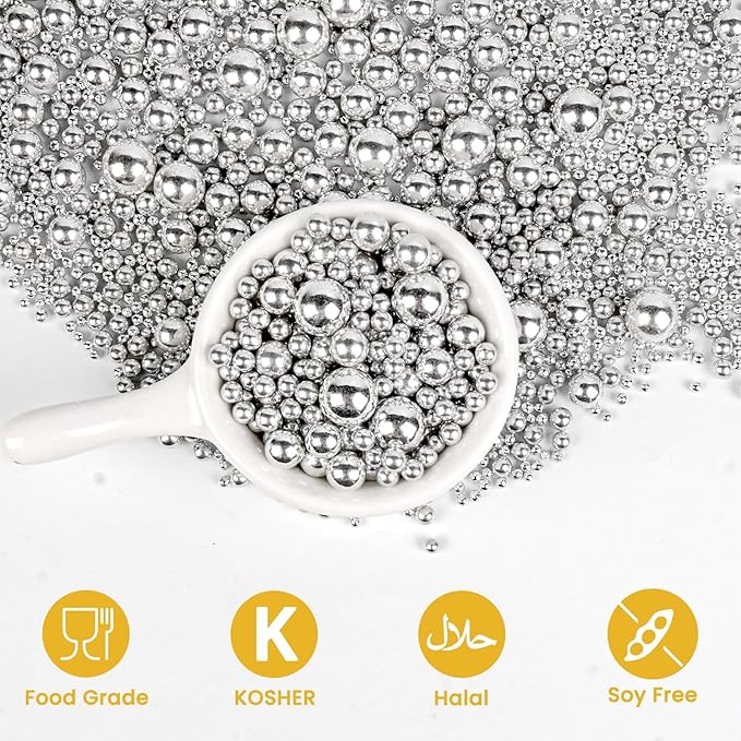 Edible Silver Pearl Sugar Sprinkles, Silver Pearls for Cake Decorating, Mix Size, 180g/6.35oz, Cake Decorations, Cupcake Toppers, Cookie Decoration, Wedding Party Supplies