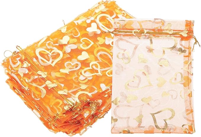 PATIKIL 100 Pcs 4x6 Inch Heart Printed Organza Bags, Orange Sheer Heart Organza Bags with Drawstring for Christmas Candy Jewelry Party Wedding Favor Gift
