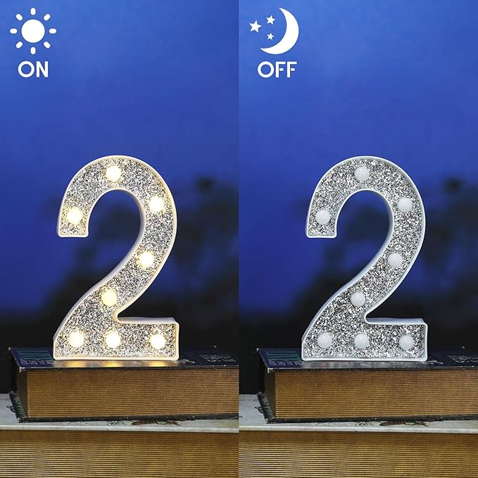 Marquee Light Letters for Table Decorations, Glitter Light Up Signs for Prom, Events, or Engagement Party Decor, Featuring Alphabet & Number Lighted Letters, Number 2