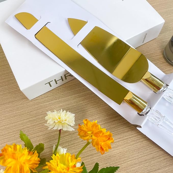 Elegant Cake Knife and Server Set - Stainless Steel with Crystal Handle - Perfect for Weddings & Anniversaries,and Special Celebrations (Gold)