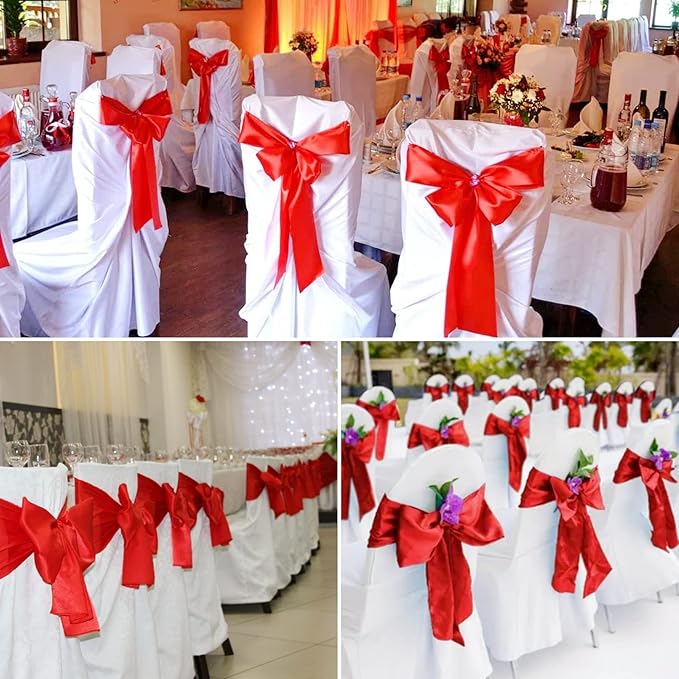 100 PCS Satin Chair Sashes Decorative Bows Satin Chair Sashes Ties Back Ribbon Bows Chairs Cover Band for Wedding Party Events Ceremony Reception Banquet Christmas Chair Cover Decor(7 x 108 inch,Red)