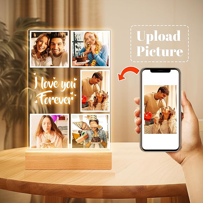 Custom Picture Frames with Photos, Customized Photo Frame with Night Light, Personalized Picture Frame, Personalized Anniversary Birthday Gifts for Women Men Him Her Girlfriend Boyfriend Couples