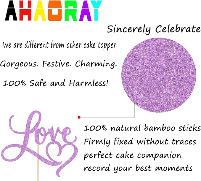 Love Cake Topper - Purple Glitter Paper Wedding Cake Decoration Supplies, Perfect for Bridal Shower/Engagement/Anniversary/Birthday Party