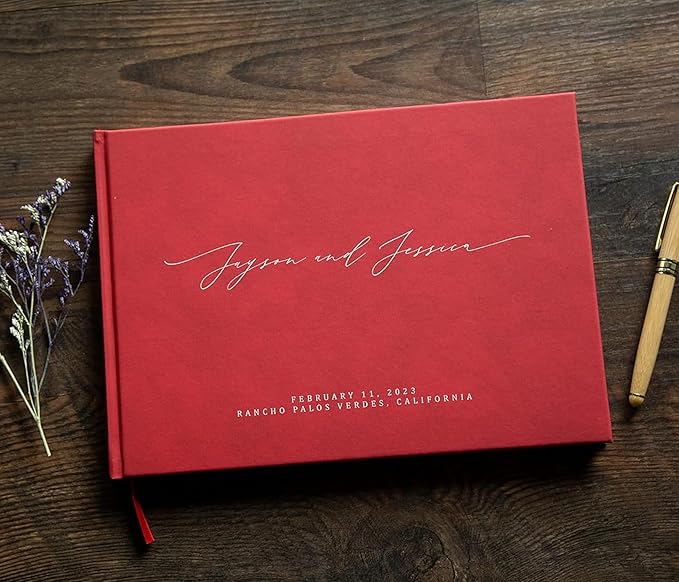 MUUJEE Personalized Guestbook in Red - Premium Custom Modern Guest Book for Wedding Reception, Birthday Party or Events w/Bookmark Blank Pages for Signing 11.5 x 8.5 inches