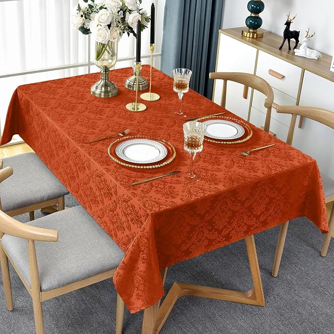 SASTYBALE Jacquard Rectangle Tablecloth, Rusty Spill-Proof Wrinkle Resistant Damask Table Cloth, Soft Polyester Oblong Table Cover for Kitchen Parties Thanksgiving - 60 x 84 Inch Rust