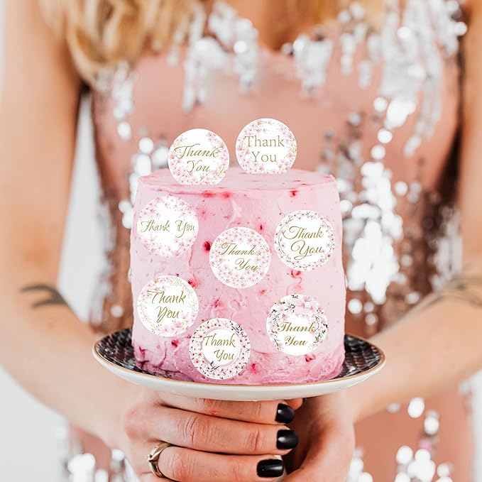 36PCS Edible Cherry Blossoms Thank You Cupcake Toppers Pink Edible Cherry Flowers Cake Decor Wafer Paper Thank You Cupcake Topper for Flowers Theme Baby Shower Birthday Party Decor Supplies