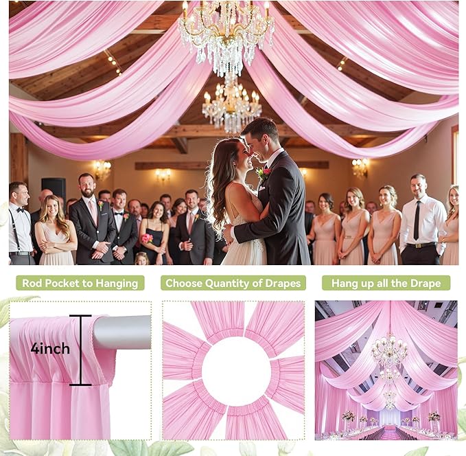 PartyVillage 10ftx40ft Baby Pink Ceiling Curtain for Wedding Parties – 2 Panels Wrinkle-Free 40 FT Long Tent Draping Curtains for Wedding, Birthday & Theme Parties, 40ft Height with Rod Pocket