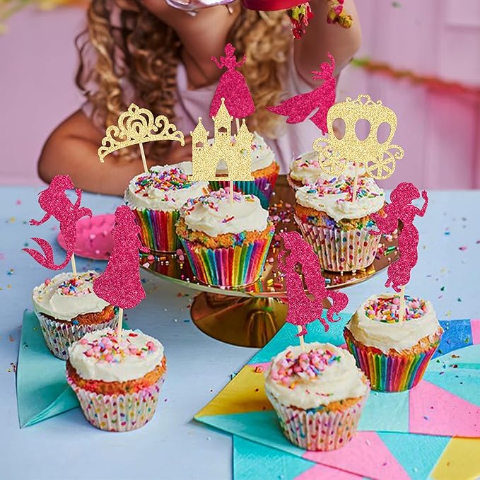 Gyufise 36Pcs Princess Cupcake Toppers Glitter Mermaid Girl Castle High Heel Crown Cupcake Picks Princess Theme Baby Shower Girls Birthday Party Cake Decorations Rose Red