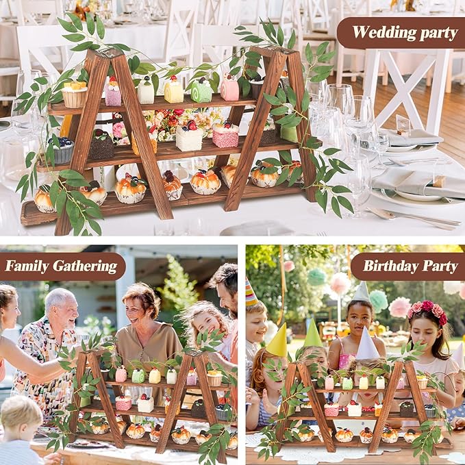 Wooden 3-Tier Cupcake Stand with Removable Trays & Vine Decoration – Foldable Party Display Serving Ladder with Platter for Cake, Snacks, Fruits, Chips, Bread