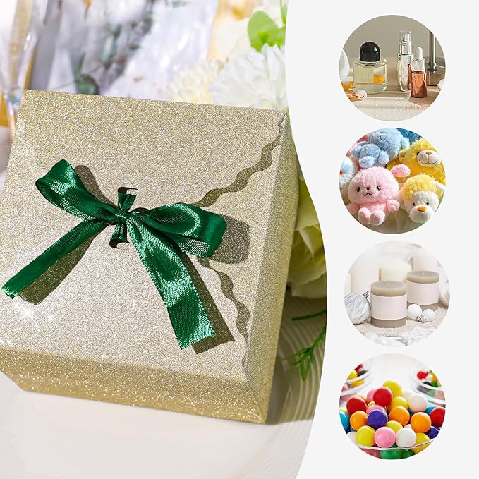VGOODALL Gold Treat Boxes, Glitter Candy Box with Ribbon Paper Treat Boxes for Wedding Cookie Chocolates Small Gifts
