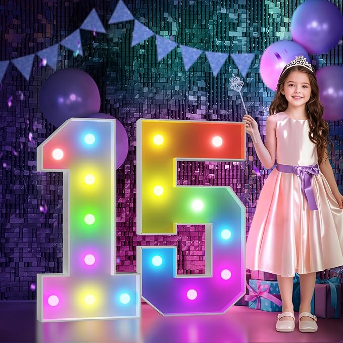 Marquee Numbers 15th-Birthday Decoration: Colorful 3FT Large Light Up Quinceanera Birthday Decorations Anniversary Backdrop for Boys Girls Cardboard Sign 18 Colors Number 15 Mosaic Balloon Frame