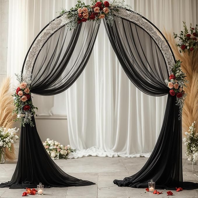 Wedding Arch Draping Fabric,2 Panels 18FT Black Sheer Chiffon Curtain Drapes 6 Yards for Wedding Ceremony Birthday Party Decoration