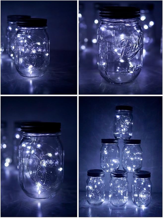 Decorman Solar Mason Jar Lid Lights, 6 Pack 20 LED Waterproof String Fairy Star Firefly Jar Lids Lights for Patio Garden Yard Lawn Party Wedding Christmas Decoration(Jars & Hangers Not Included)