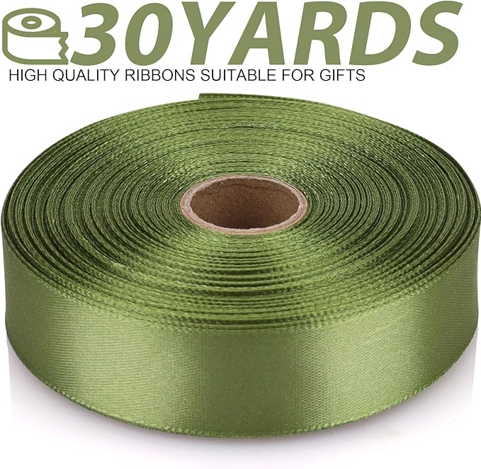Olive Green Satin Craft Ribbon - 7/8 Inch, 30 Yards - Single Face Polyester for Handmade Roses, Gift Wrapping, Wedding & Party Decoration
