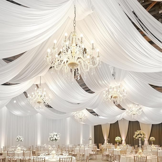 PartyVillage 40ftx40ft White Ceiling Curtain for Wedding Parties – 8 Panels Wrinkle-Free 40 FT Long Tent Draping Curtains for Wedding, Birthday & Theme Parties, 40ft Height with Rod Pocket