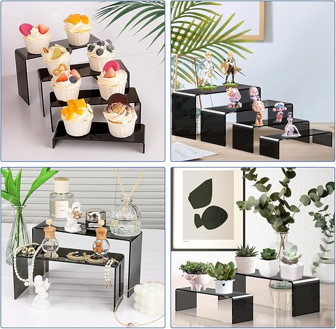 Aheroi Acrylic Risers, 8 Pcs 2 Set(7”L~8”L~9”L) Display Risers, Black Arylic Display Stands Acrylic Shelf Riser, Display Holders for Vendor Events, Cupcake Stands, Toys Display Clear Shelves