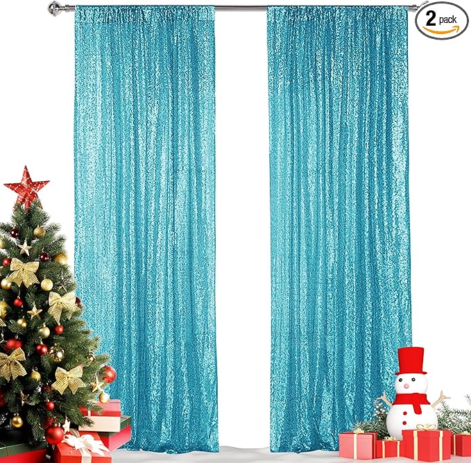 Hahuho Turquoise Sequin Backdrop Curtain, 2PCS 2FTx8FT Glitter Backdrop Curtain for Parties, Christmas, Wedding, Party Decoration（2 Panels, 2FT x 8FT, Turquoise