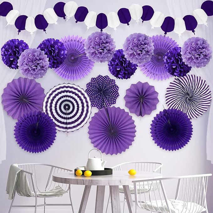 Party Decorations, Purple Papar Fans Pompoms Garlands for Women Girls Mothers Day Bachelorette Wedding Birthday Baby Showers Valentine's Day Party Decorations