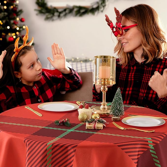 Christmas Tablecloth Round 60 Inch Waterproof, Machine Washable Checkered Polyester Table Cover for Xmas Party, Winter Holiday Home Decoration in Festive Checkered Red 1pack