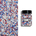Fancy Sprinkles Superheroes, Assemble! Crunchy Jimmies, Sugar Nuggets, Mini Edible Glitter Stars, And Hexagons In Metallic Silver, Red, White, And Blue (0.25c)