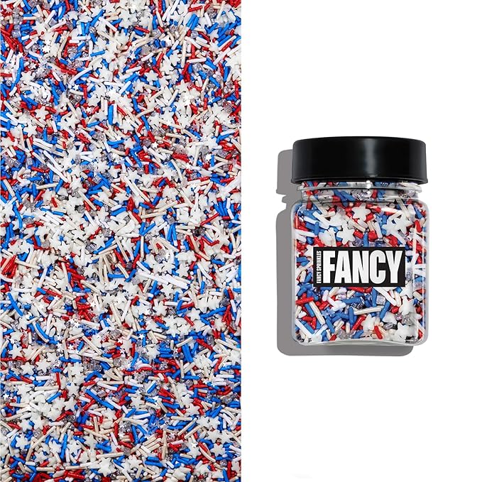 Fancy Sprinkles Superheroes, Assemble! Crunchy Jimmies, Sugar Nuggets, Mini Edible Glitter Stars, And Hexagons In Metallic Silver, Red, White, And Blue (0.25c)