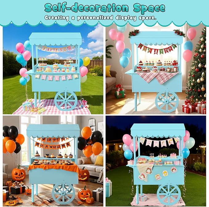 7FT Candy Cart Display Stand with Decorated Wheels, Dessert and Party Decoration Cart with 100 Ballons, Easy to Install Vintage for Parties, Birthdays, Weddings, (blue)