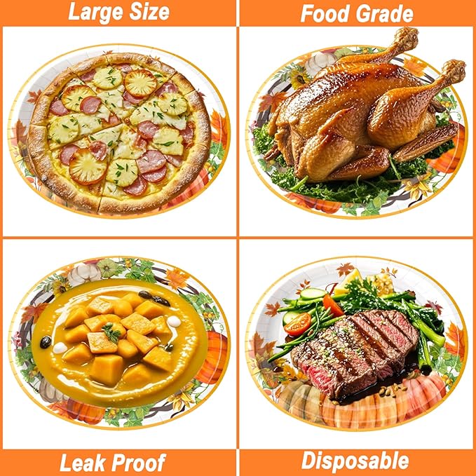 100Pcs Thanksgiving Oval Paper Plates and Napkins Set, 10" x 12" Party Plates,Large Disposable Dinner Plates for Fall Party and Thanksgiving Day