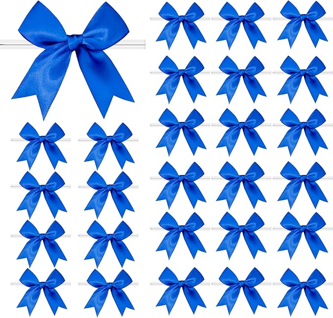 50 PCS Twist Tie Bows Satin Ribbon Bows 3.3 Inch Gift Wrap Bows Craft Bows for Gift Wrapping, Party Decorations Gifts Bag DIY Treat Bags Wedding Decor Baby Shower Christmas (Royal Blue)