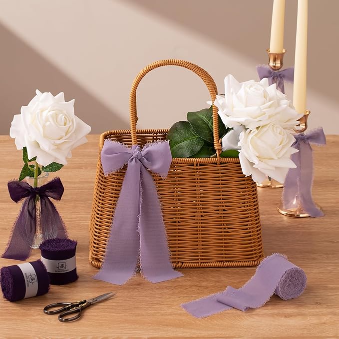 DORIS HOME 2" x21Yd Chiffon Ribbon for Flower Bouquet, Purple Series Fabric Ribbon for Gift Wrapping, Handmade Frayed Ribbon for Wedding/Christmas Decorations