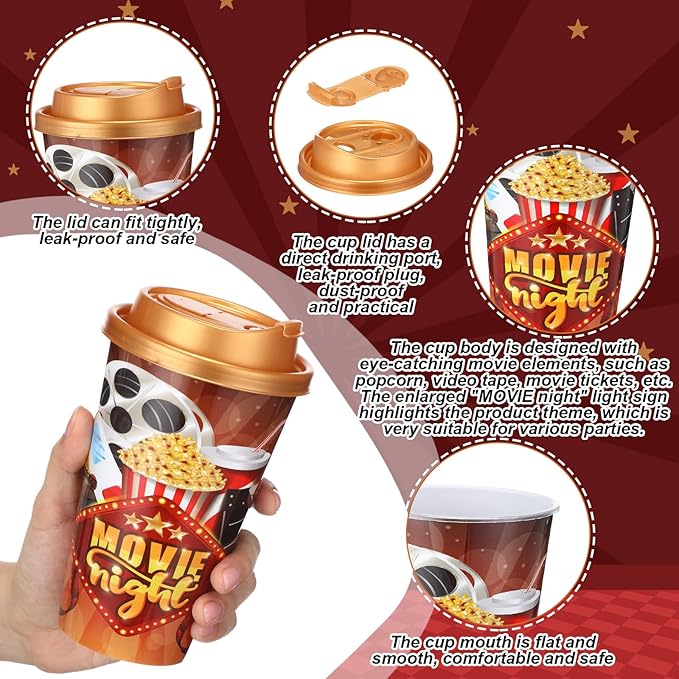 Yungyan 24 Sets Movie Night Party Favors Goodie Cups with Lids and Straws for Halloween Party Decorations Reusable 16oz Plastic Candy Cups Plastic Straws for Birthday Gift(Movie Night)