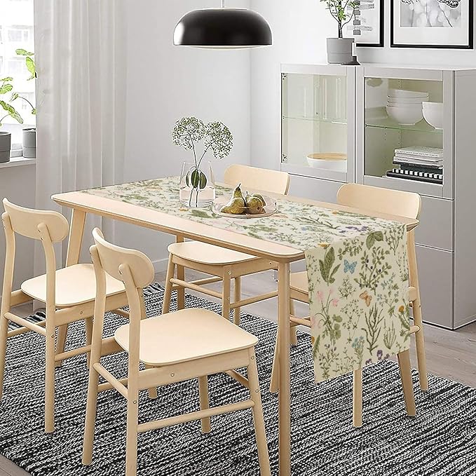 Floral Botanical Table Runner, Garden Spring Flower Botanical Butterfly Animal for Restaurant, Kitchen, Wedding, Party Rectangular Table Runner Decoration,13in（33cm） W * 60in（152cm） L