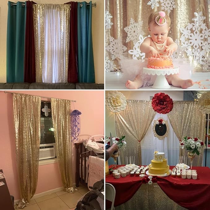 Champagne Gold Sequin Backdrop Curtains Glitter Drapes 2FT x 8FT 2 Panels for Wedding Birthday Party Decorations Bridal Baby Shower Party Supplies Sparkly Photography Background