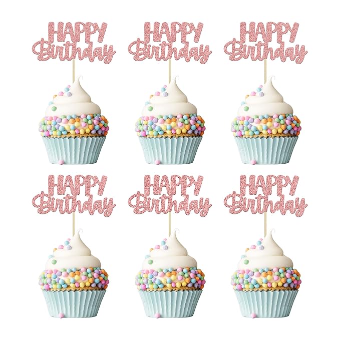 Gyufise 24Pcs Happy Birthday Cupcake Toppers Rose Gold Glitter Birthday Cake Picks for Celebrating Birthday Party Baby Shower Party Decorations Supplies