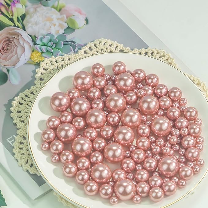 120 PCS 8/14/20mm No Hole Polish Pearl Beads for Centerpiece, Rose Gold Beads Decorative Vase Fillers, Plastics Pearls for Vases, Table Scatters, Wedding Party Decor