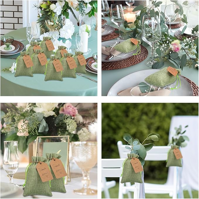 Woanger 100 Pcs Burlap Gift Bags with 100 Pcs Kraft Paper Gift Tags with Drawstring Favor Bulk Burlap Sack Bags for DIY Wedding Party Craft(4 x 6 Inch,Sage Green)