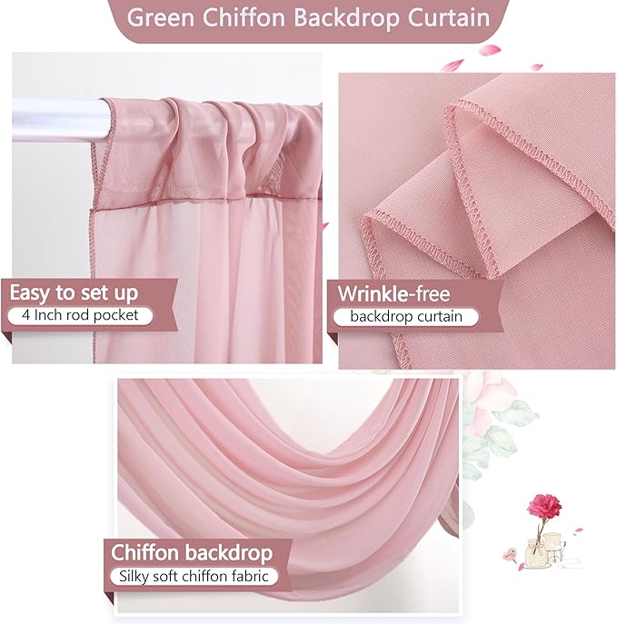 PARTISKY 10ftx10ft Dusty Rose Chiffon Sheer Backdrop Curtains, Wrinkle-Free Wedding Backdrop Drapes for Birthday Party Ceremony Arch Stage Decor Background for Photography 5ft x 10ft,2 Panels