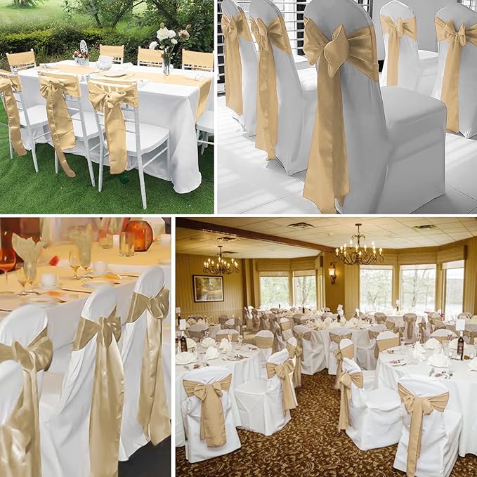 fani 120 PCS Champagne Satin Chair Sashes Bows Universal Chair Cover for Wedding Reception Restaurant Event Decoration Banquet,Party,Hotel Event Decorations (7 x 108 inch)