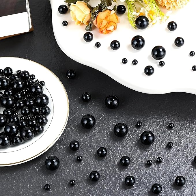 260Pcs Black Glossy Beads - 6mm, 14mm, 18mm Round Plastic Pearl Beads for Centerpiece Decor, Wedding, Birthday, Christmas Party, Home Decor