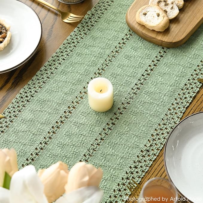 Artoid Mode Light Green Farmhouse Woven Rustic Hollow Table Runner, Seasonal Holiday Hollow Kitchen Dining Table Decoration for Home Party Decor 12x72 Inch