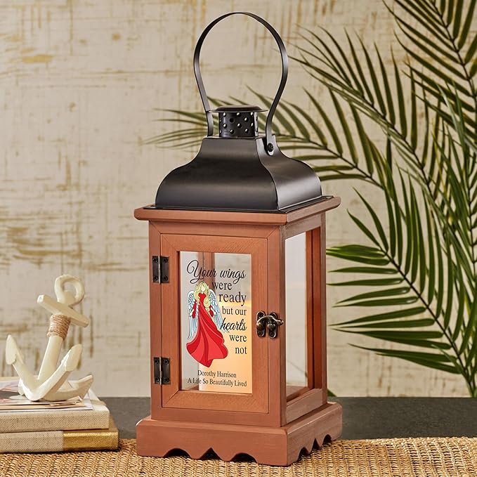 Let's Make Memories Personalized Memorial Lantern - Sympathy - Condolences - in Memory - LED Candle - Automatic Timer - Wood/Metal - Wings of Love