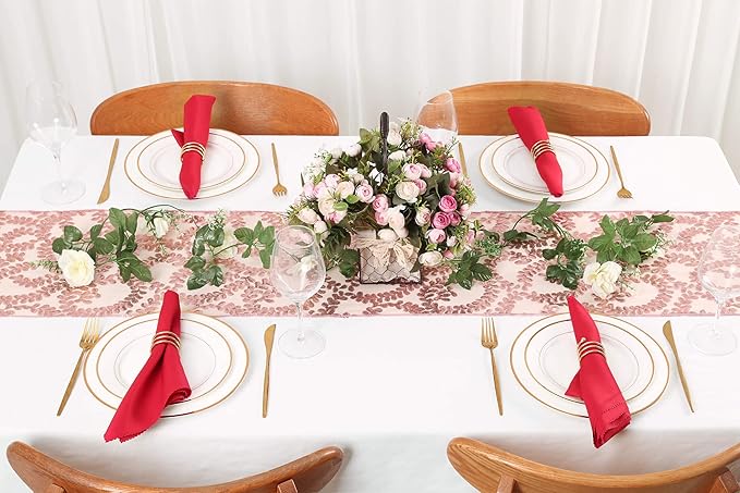 Wedding Sequin Table Runner Rose Gold Flower 10 Packs 12x108 Inch Glitter Table Runners for Banquet Table Decoration Sparkly Table Overlay